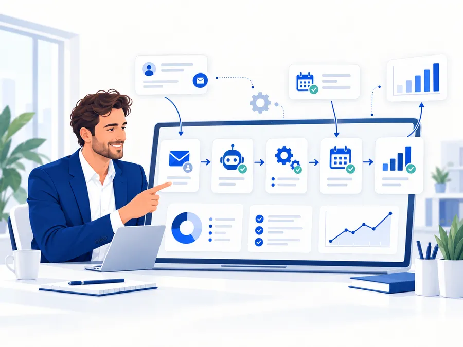 Schéma d’un processus automatisé : e-mail reçu, analyse par l’IA, traitement, rendez-vous et notification