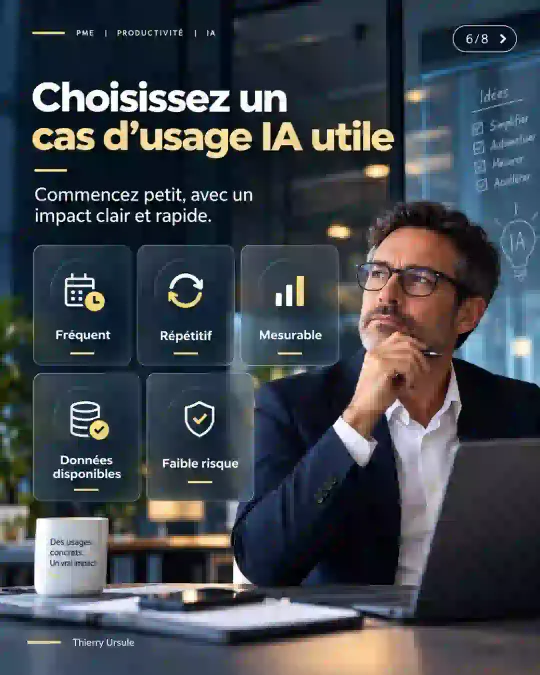 Choisissez un cas d’usage IA utile : fréquent, répétitif, mesurable, avec des données disponibles et un risque faible.
