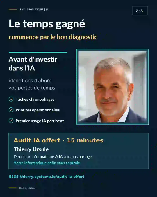 Le temps gagné commence par le bon diagnostic. Audit IA offert de 15 minutes avec Thierry Ursule, Directeur Informatique & IA à temps partagé.